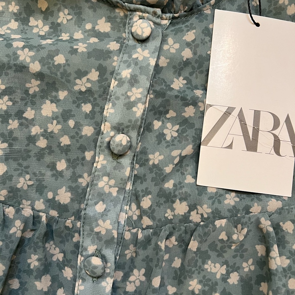 Zara Teal Floral Ruffle Button-Up Blouse - Picture 9 of 9